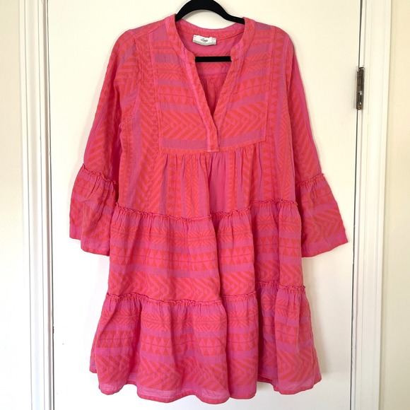 Devotion Twins $298 Ella Pink Geometric Tiered Bell Sleeve Dress Size Small - Picture 2 of 9